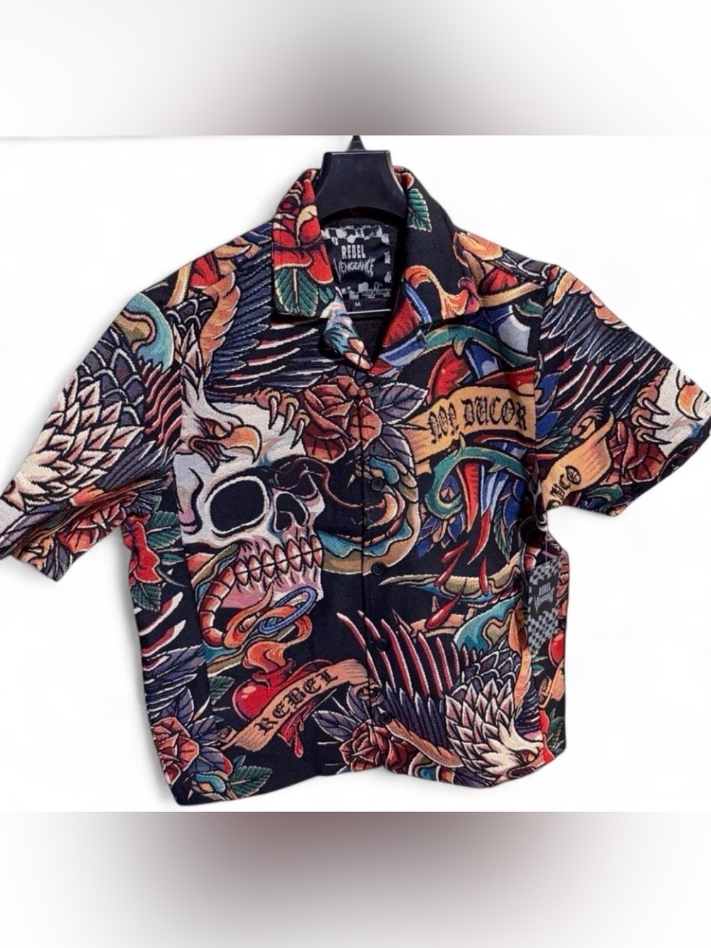 rebels Black Multicolor Tattoo-Print Short Sleeve Button-Down Shirt